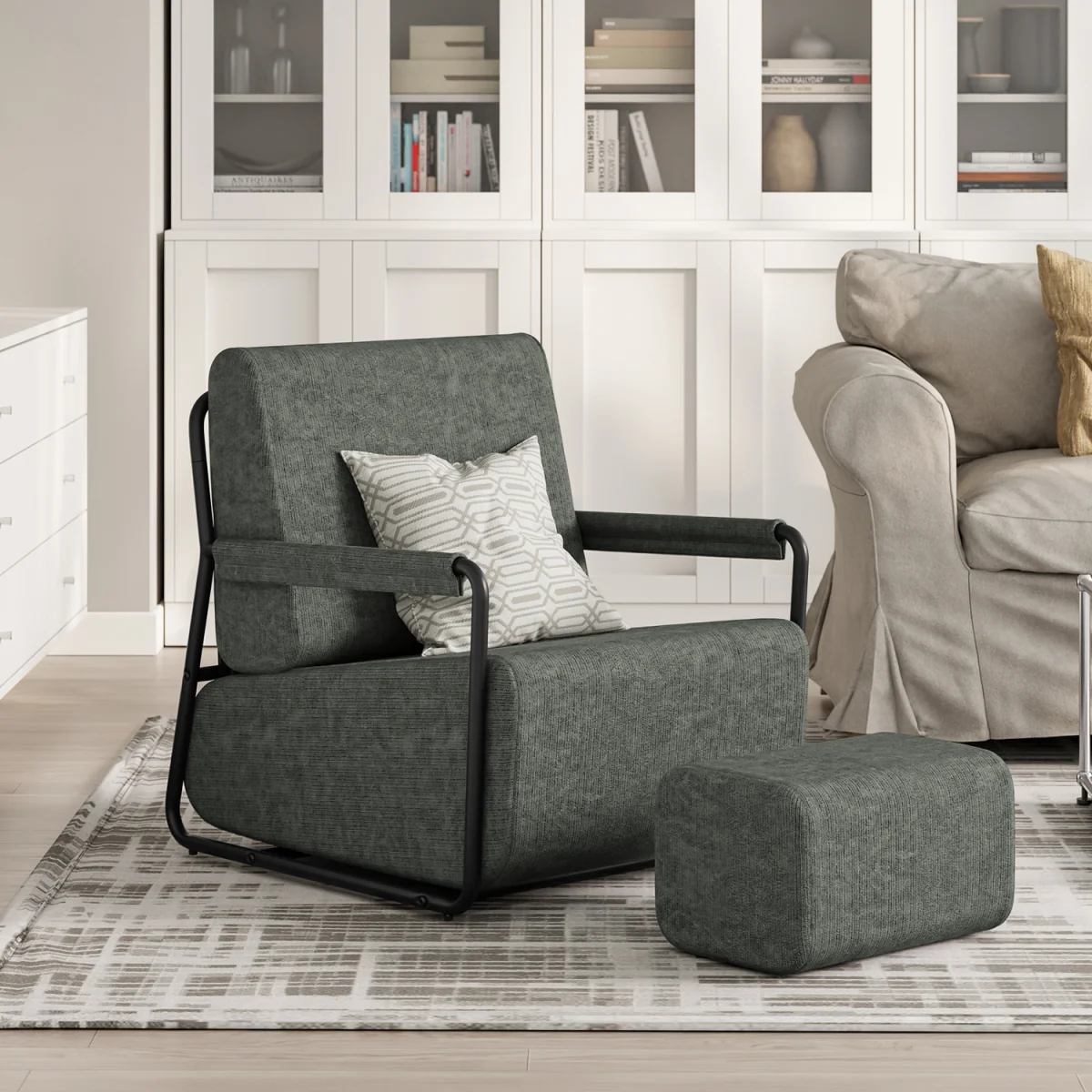 Fabric Armchair with Footstool - Dark Green – image 33