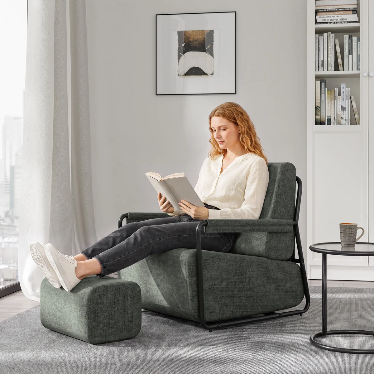 Fabric Armchair with Footstool - Dark Green – image 41