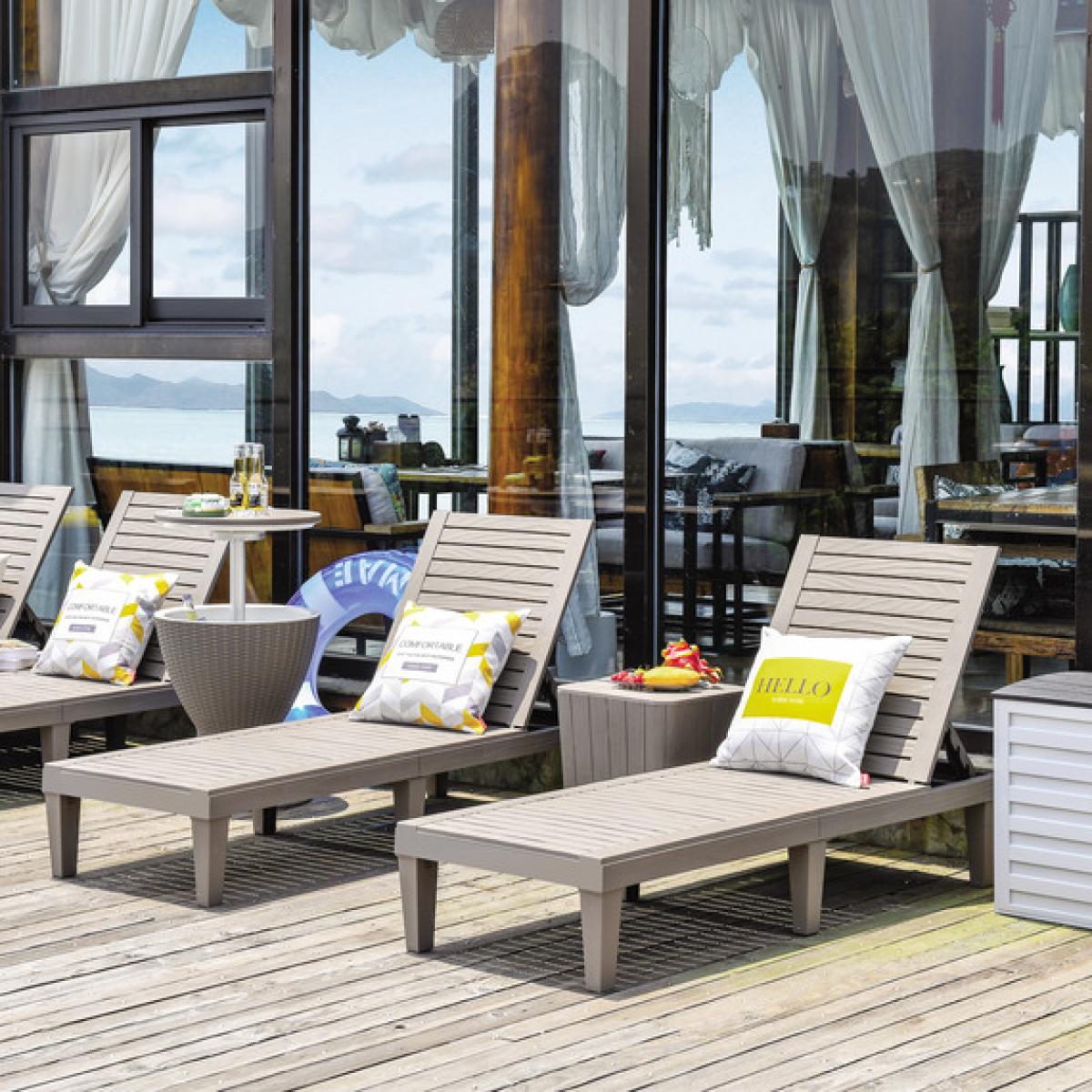2 Piece Patio Chaise Lounge Chair with 5 Level Adjustable Back - Khaki, Grey