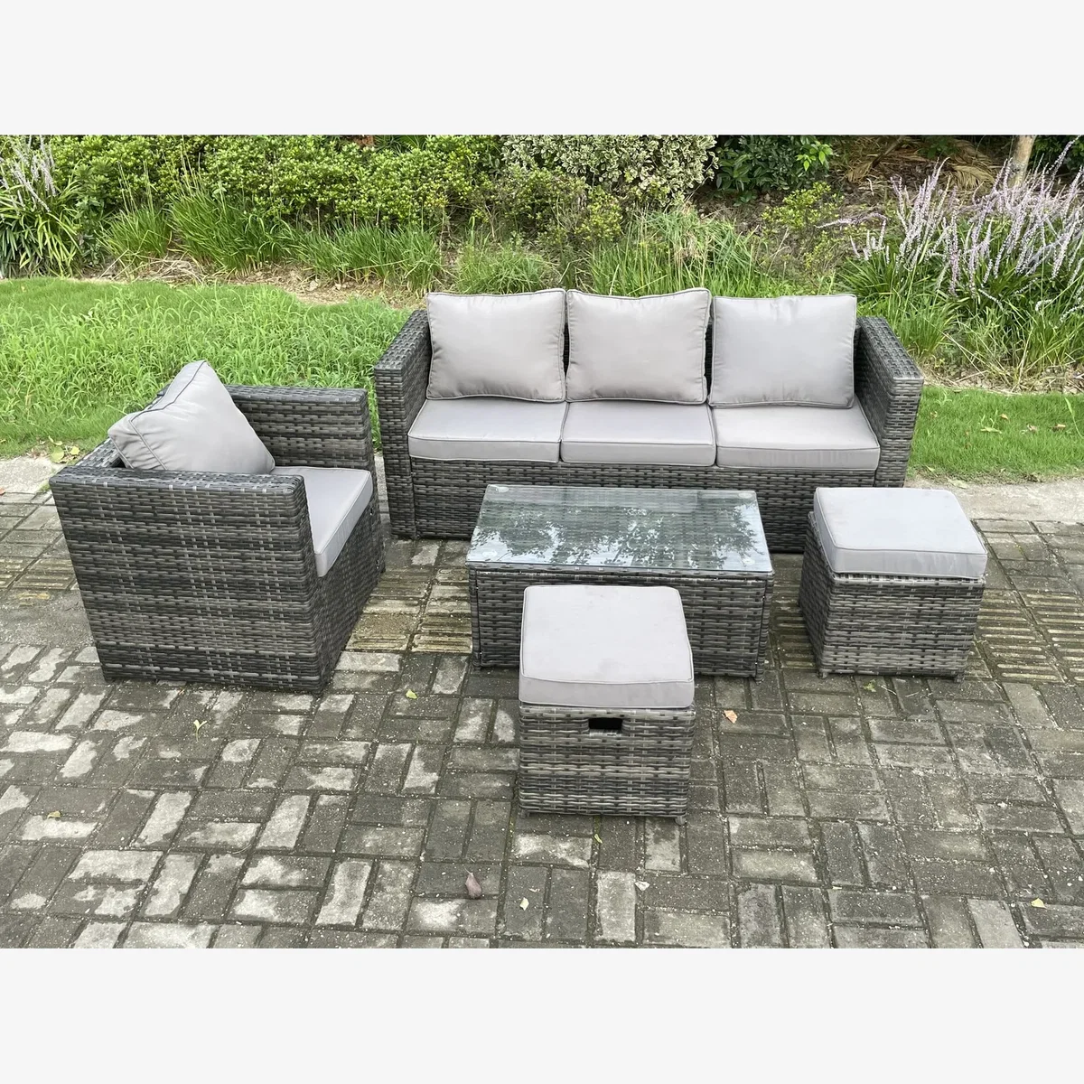 Fimous Rattan Lounge Set with 3-Seater Sofa, Coffee Table & Armchair - Dark Grey – image 1