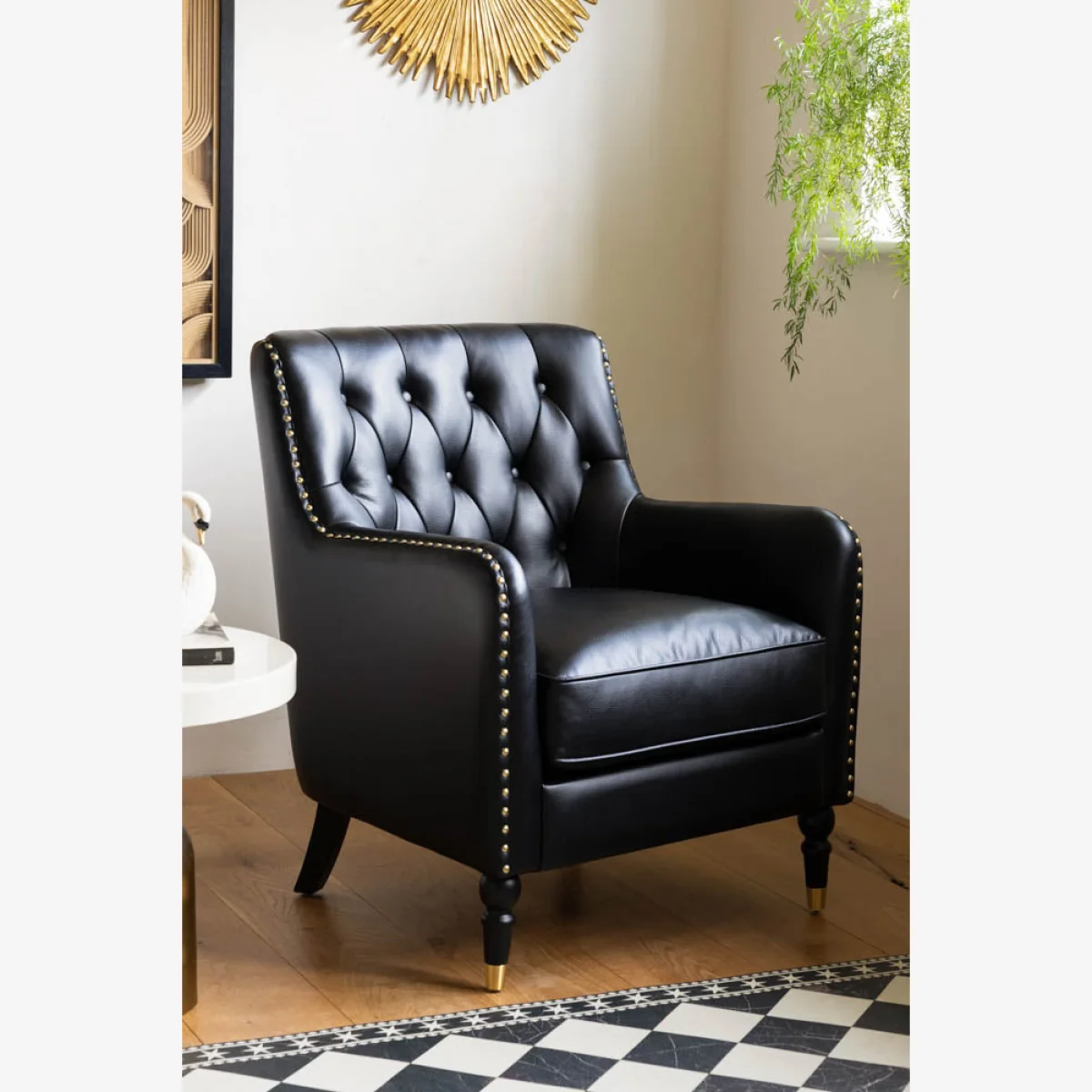 Black Faux Leather Chesterfield Armchair