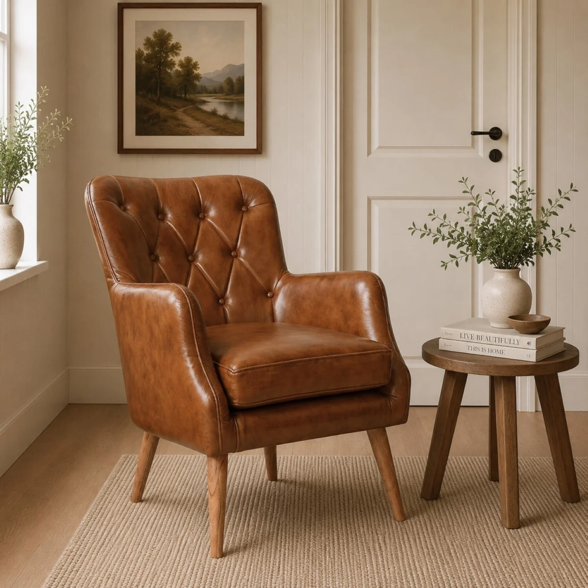 Tan Brown Real Genuine Hide Leather Wingback Armchair - Brown – image 2