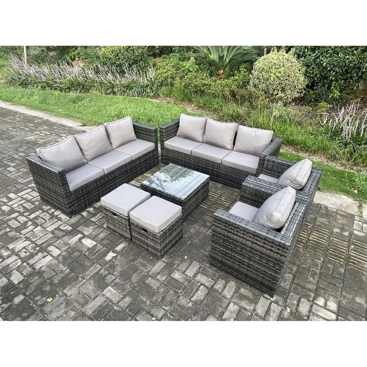 Fimous 10-Seater Rattan Set with 2 Armchairs, Coffee Table & Stools - Dark Grey – image 3