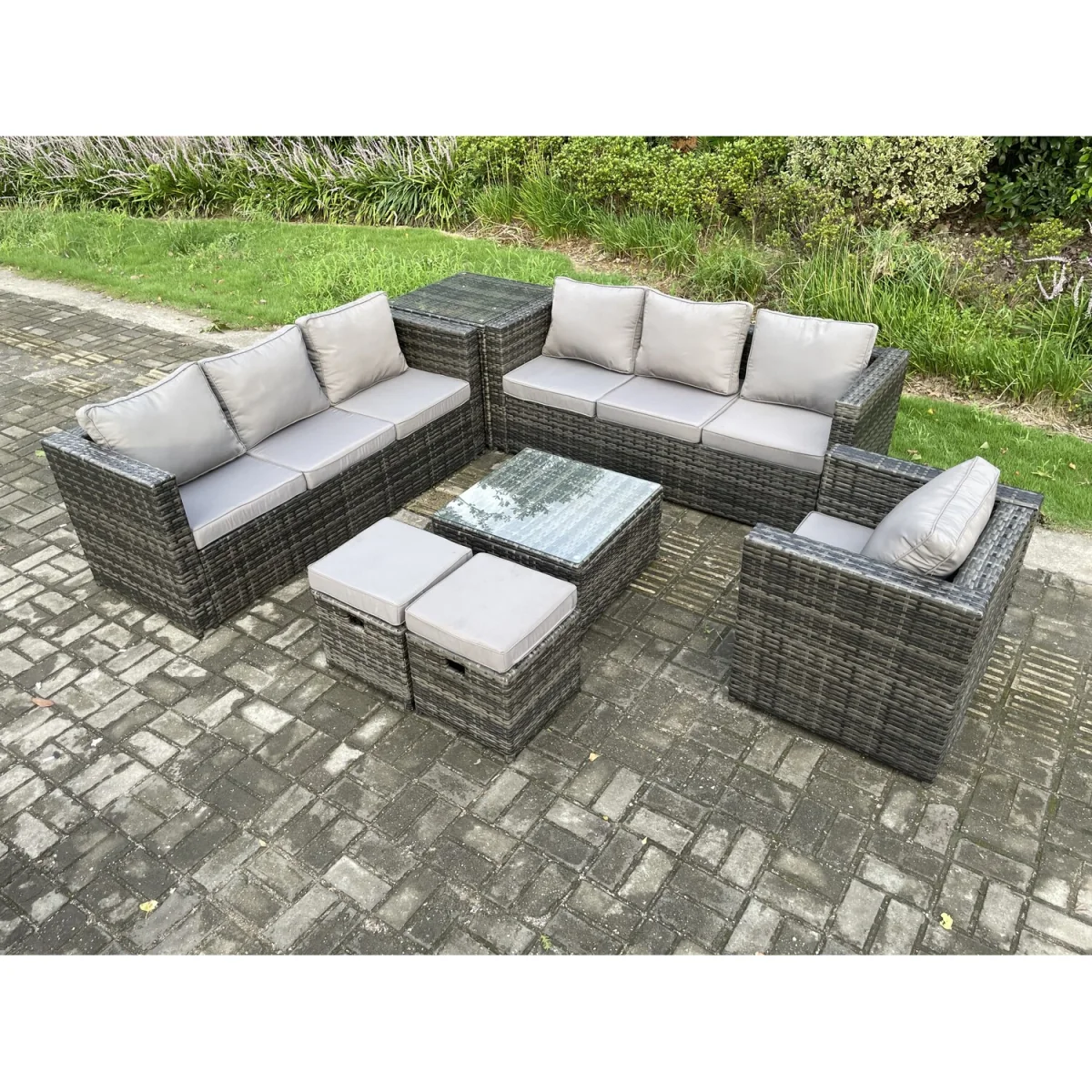 Fimous 9-Seater Rattan Set with Armchair, Coffee Table & Footstools - Dark Grey – image 3