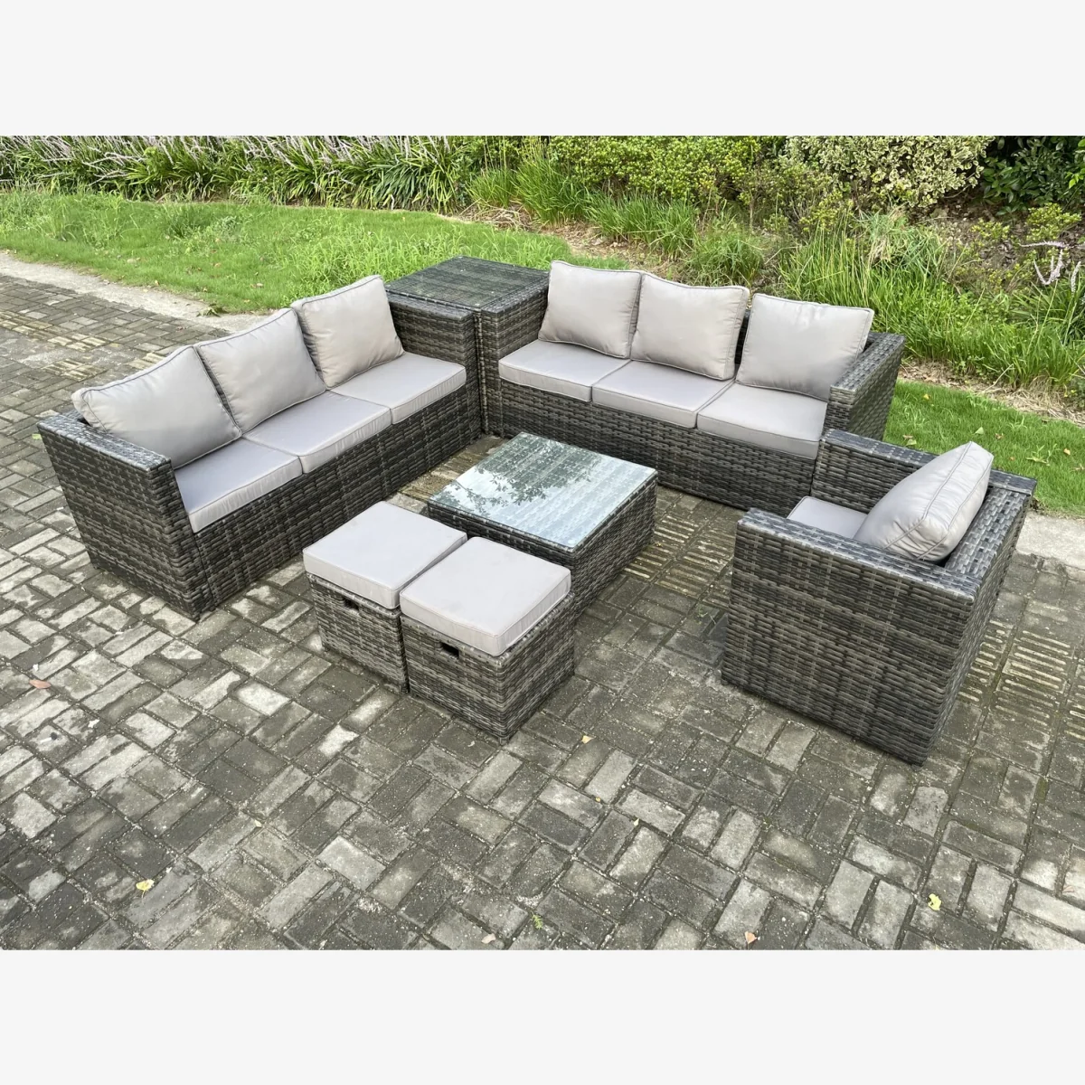Fimous 9-Seater Rattan Set with Armchair, Coffee Table & Footstools - Dark Grey – image 1