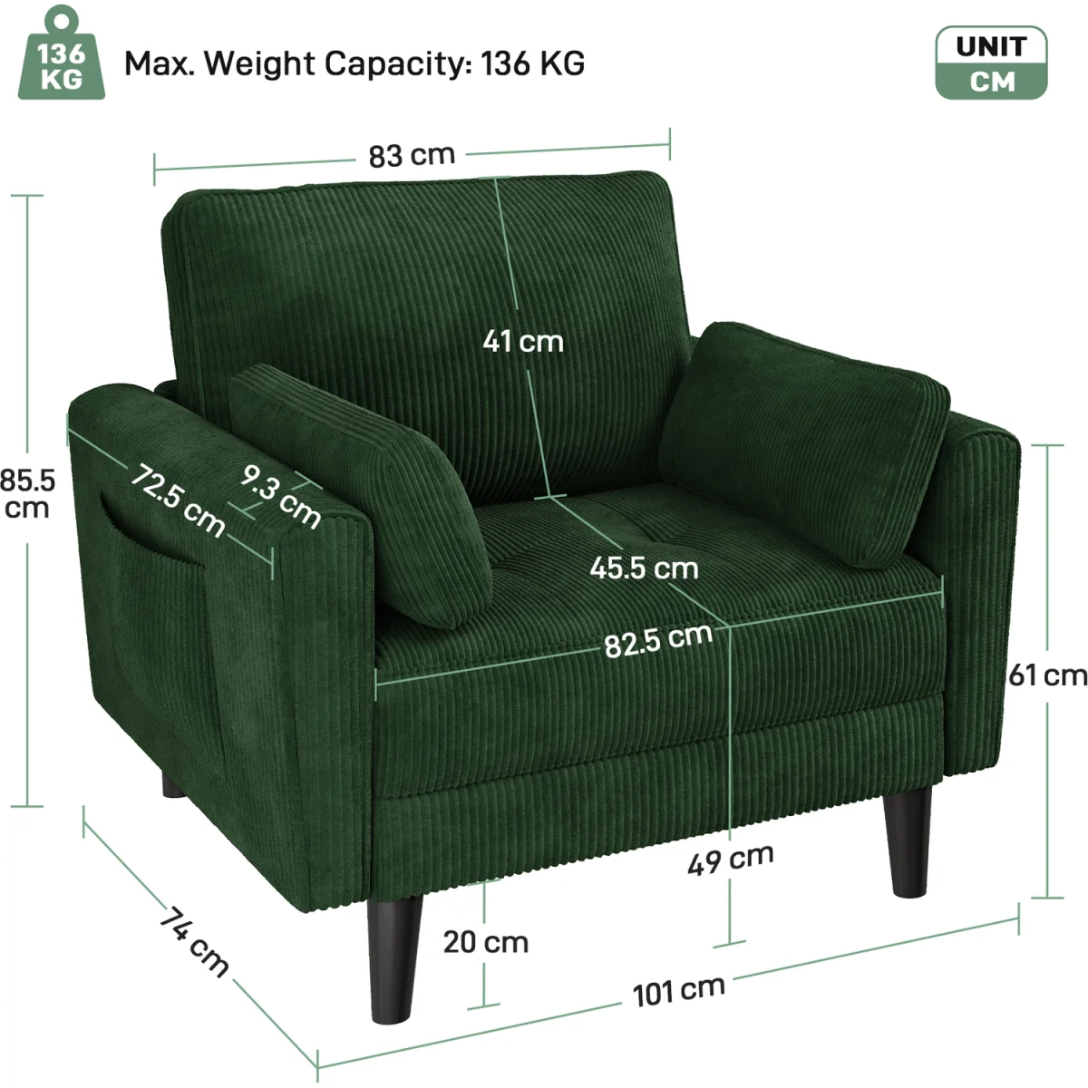 Yaheetech Upholstered Armchair Sofa Chair with 2 Pillows - Green – image 3