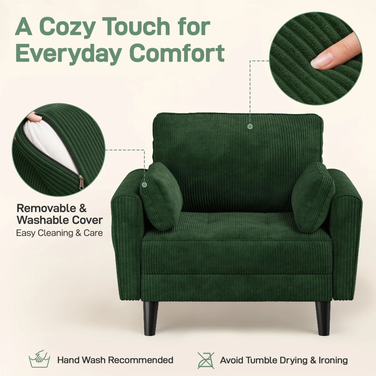 Yaheetech Upholstered Armchair Sofa Chair with 2 Pillows - Green – image 4