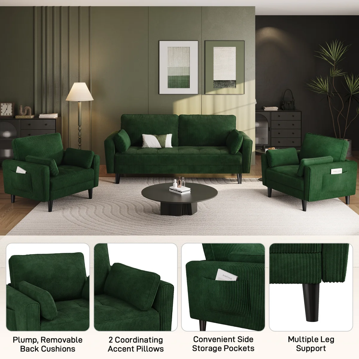 Yaheetech Upholstered Armchair Sofa Chair with 2 Pillows - Green – image 5