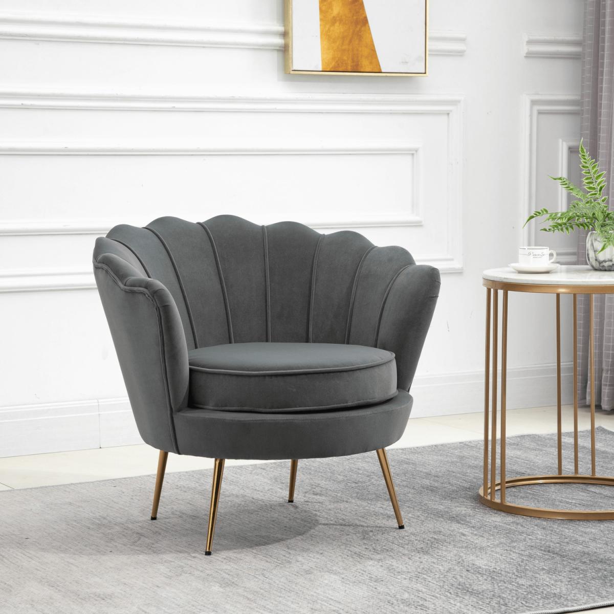 Scallop Padded Velvet Accent Armchair - Grey – image 2