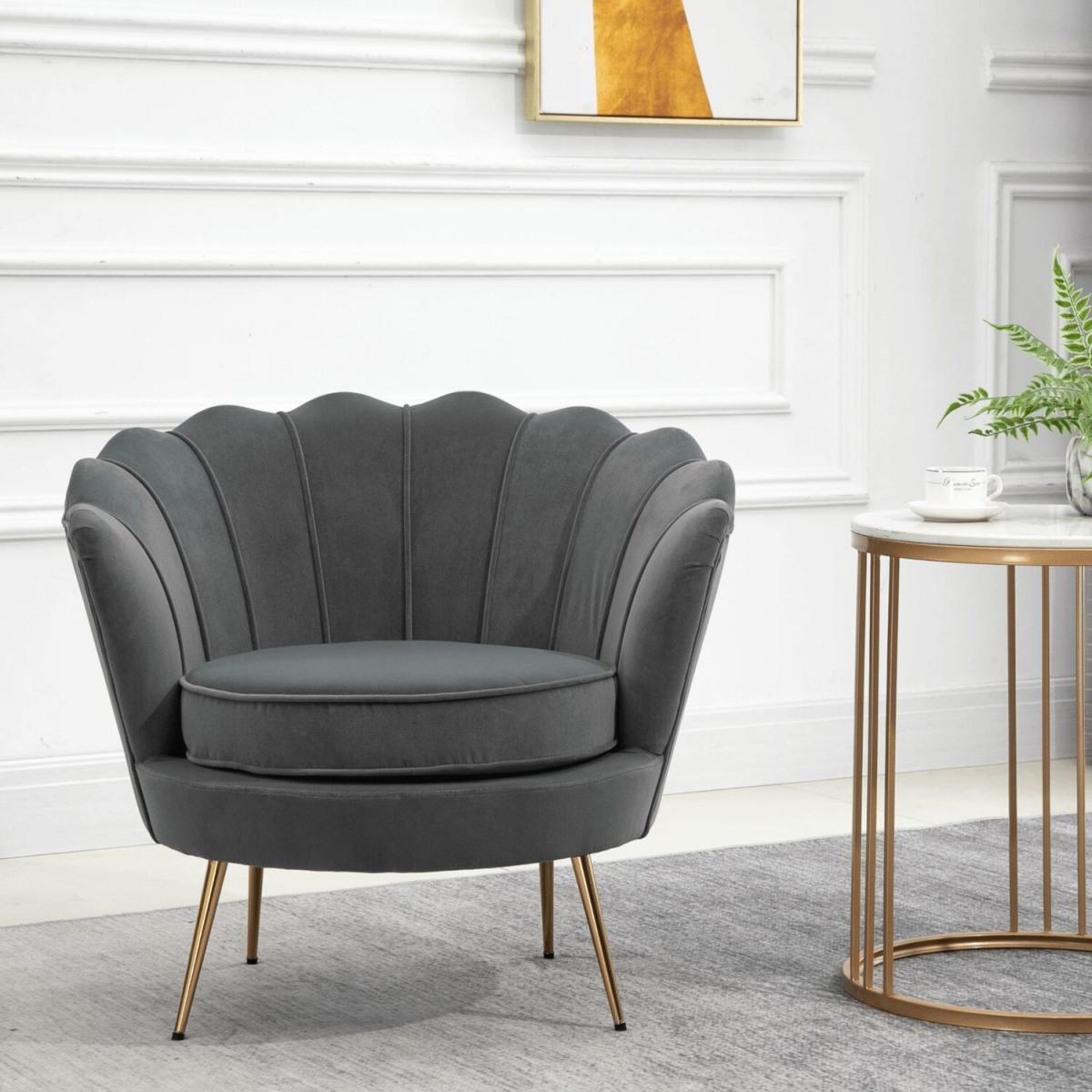 Scallop Padded Velvet Accent Armchair - Grey – image 1