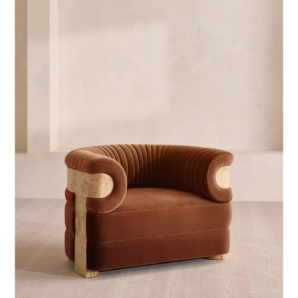 Caleb Armchair, Blonde Burl, Velvet, Cinnamon, UK – image 2