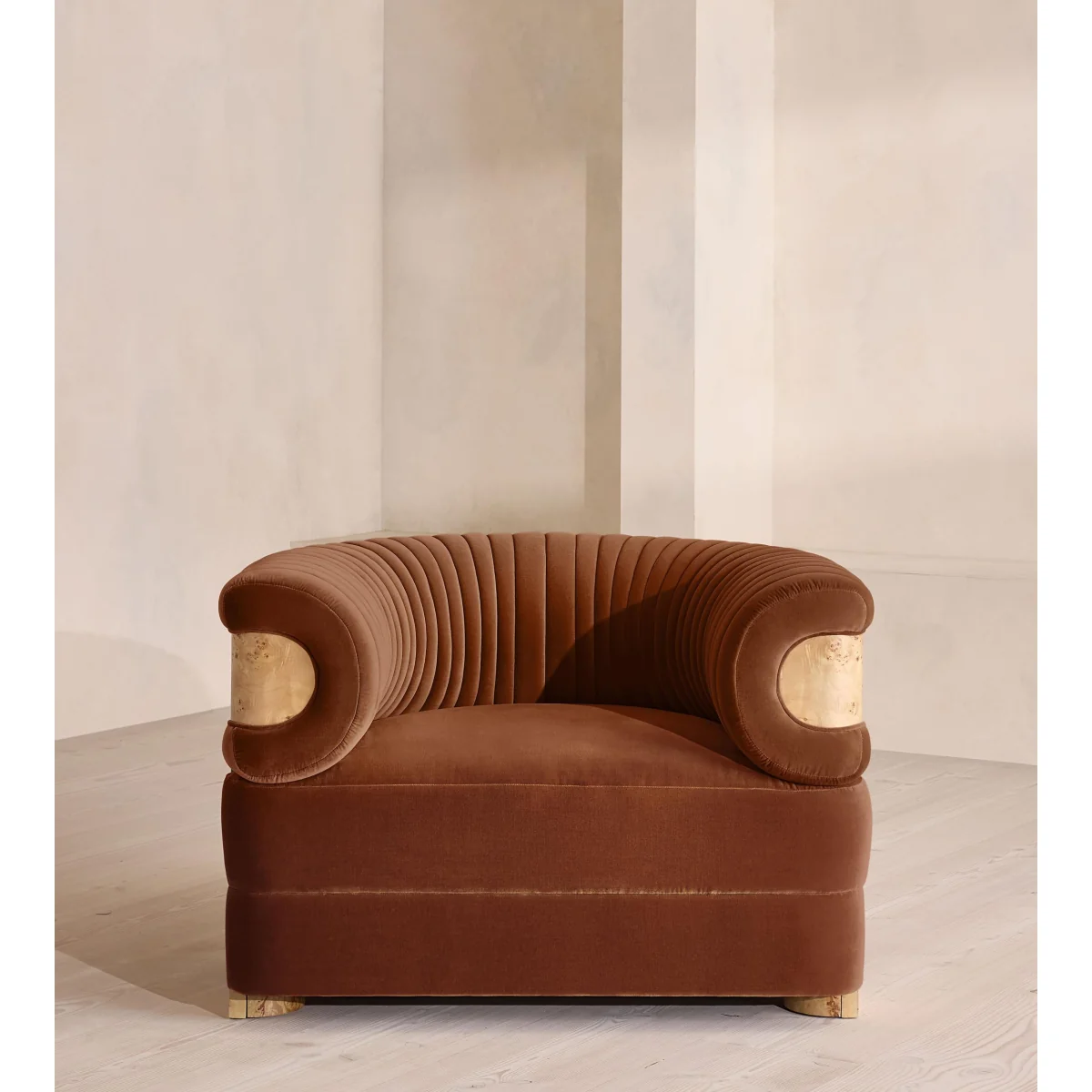 Caleb Armchair, Blonde Burl, Velvet, Cinnamon, UK – image 3