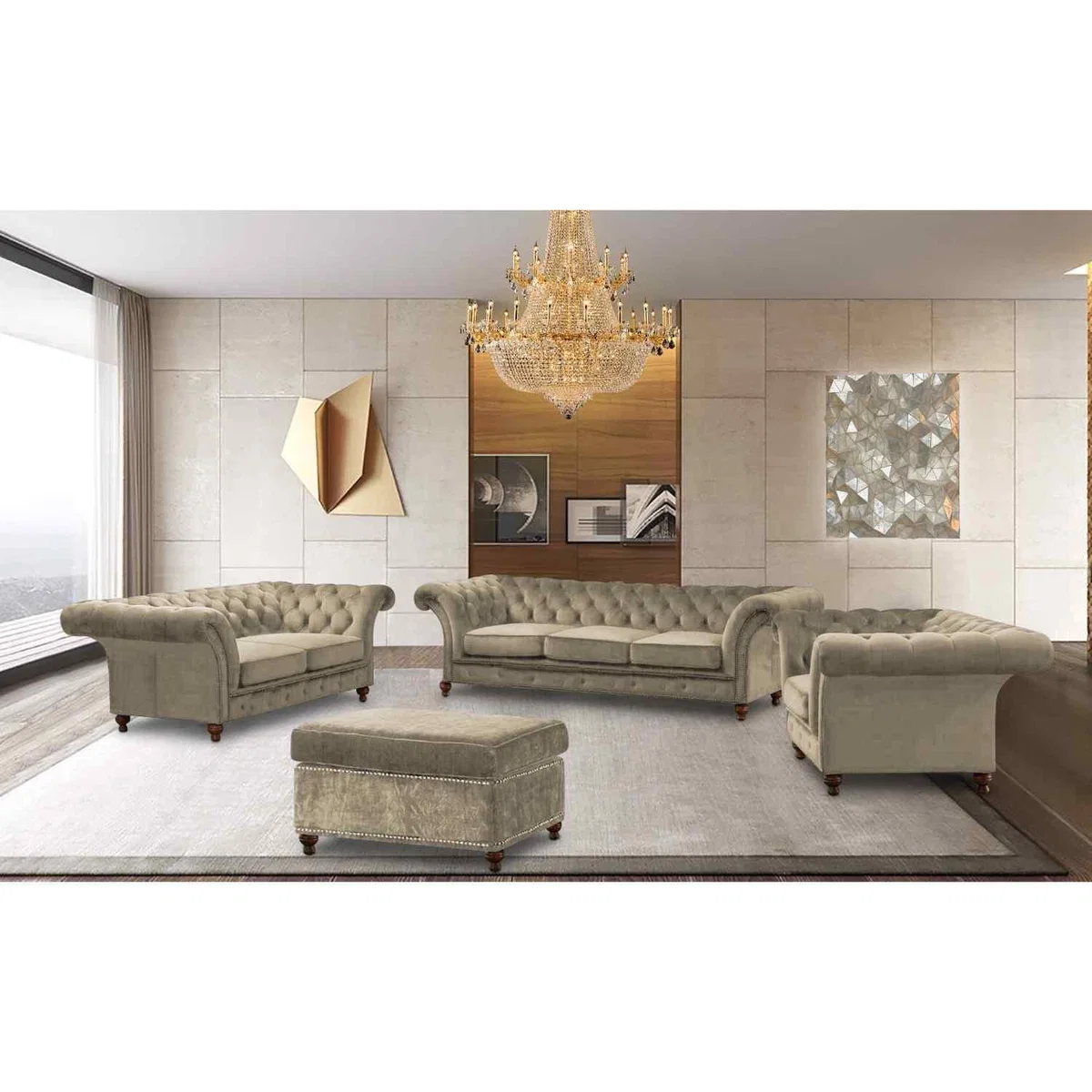 Mia Chesterfield 4 Piece Sofa Set in Velour Fabric - Green – image 2