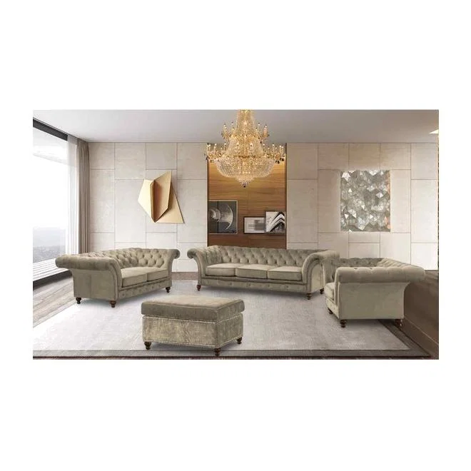Mia Chesterfield 4 Piece Sofa Set in Velour Fabric - Green – image 1