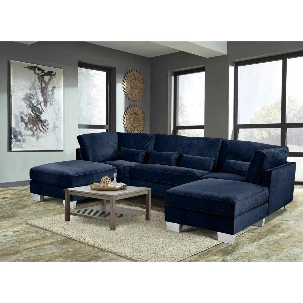 Almora Full Back Corner U Shape Sofa Velour Fabric with 2 Footstools - Seaspray – image 12