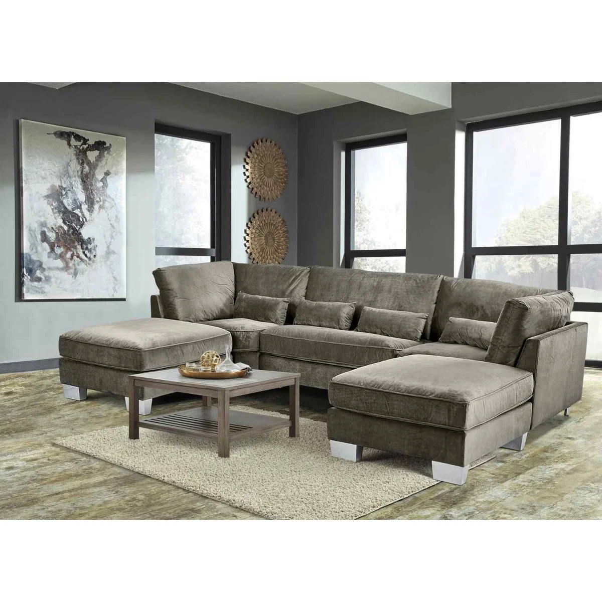 Almora Full Back Corner U Shape Sofa Velour Fabric with 2 Footstools - Seaspray – image 14
