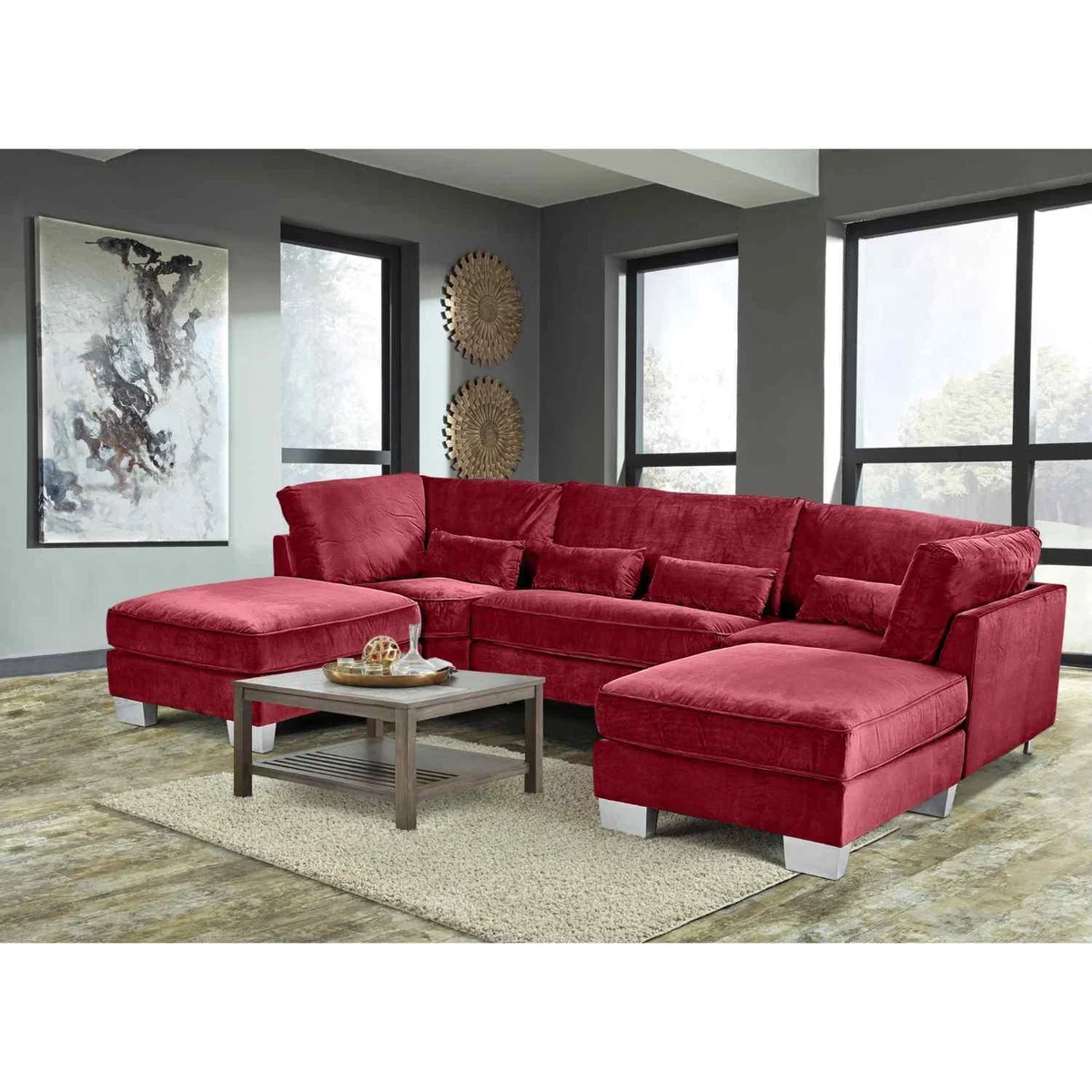 Almora Full Back Corner U Shape Sofa Velour Fabric with 2 Footstools - Seaspray – image 15