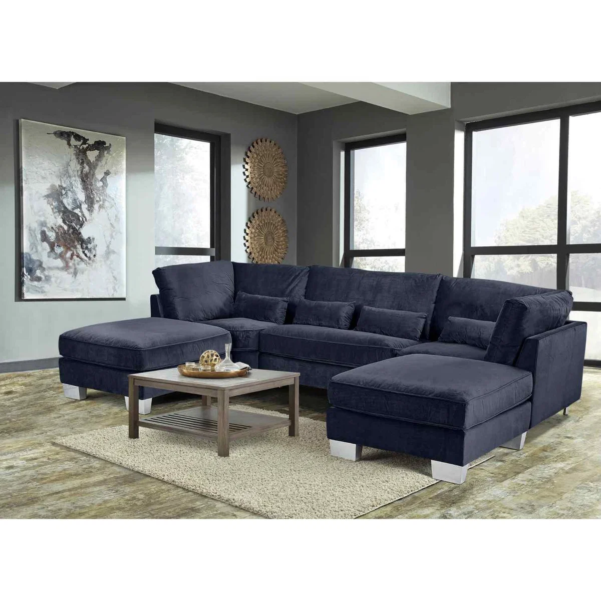 Almora Full Back Corner U Shape Sofa Velour Fabric with 2 Footstools - Seaspray – image 17
