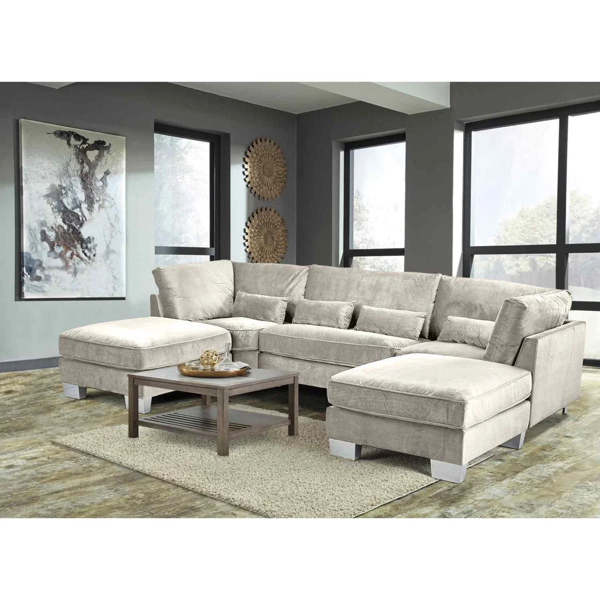 Almora Full Back Corner U Shape Sofa Velour Fabric with 2 Footstools - Seaspray – image 6
