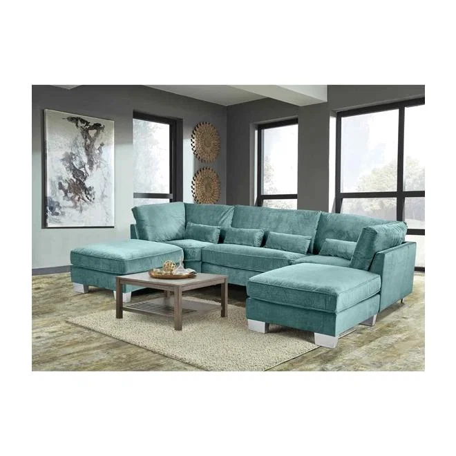 Almora Full Back Corner U Shape Sofa Velour Fabric with 2 Footstools - Seaspray – image 1