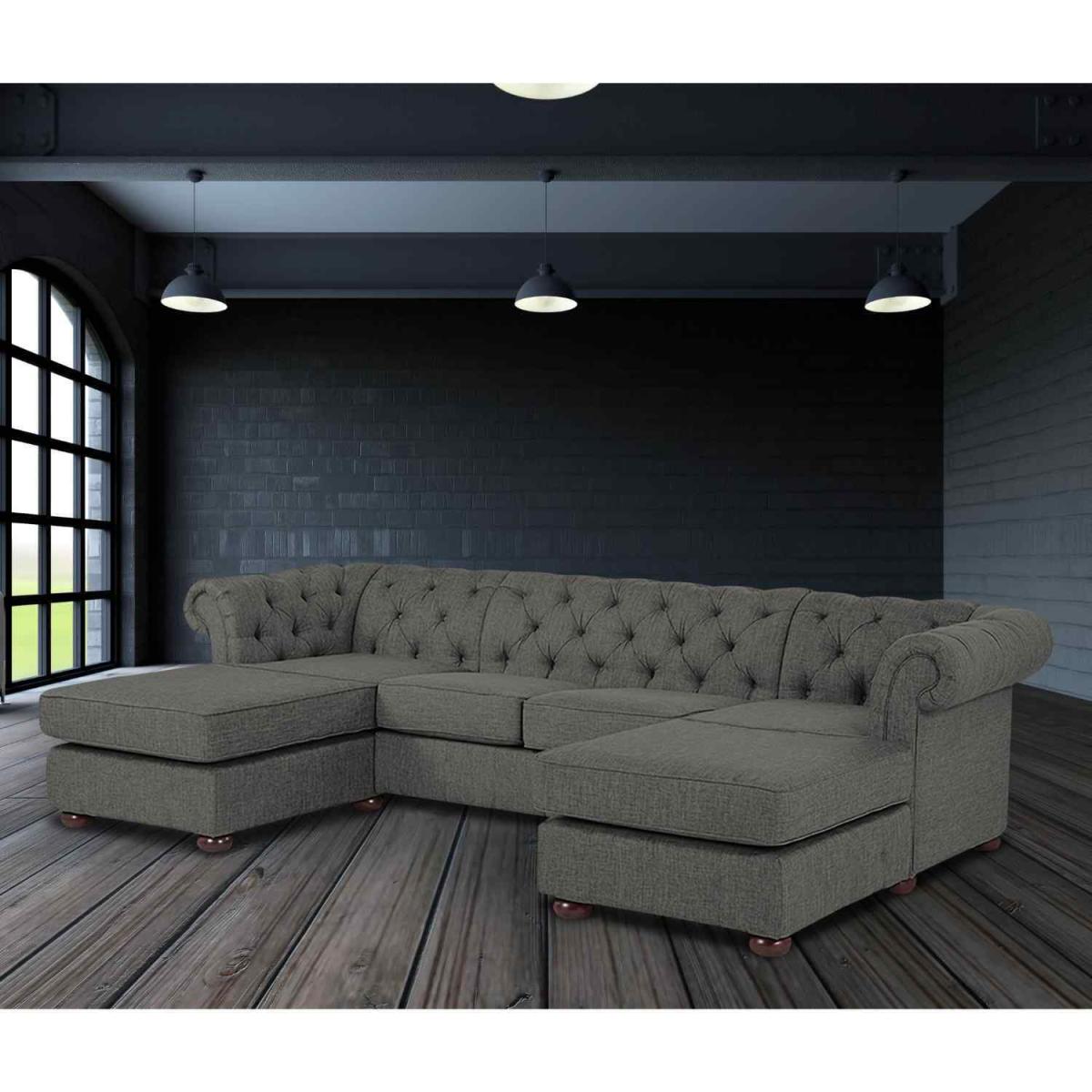 Lenoso Chesterfield U Shape Sofa with 2 Footstools in Plush Velvet Fabric - Bronze – image 6