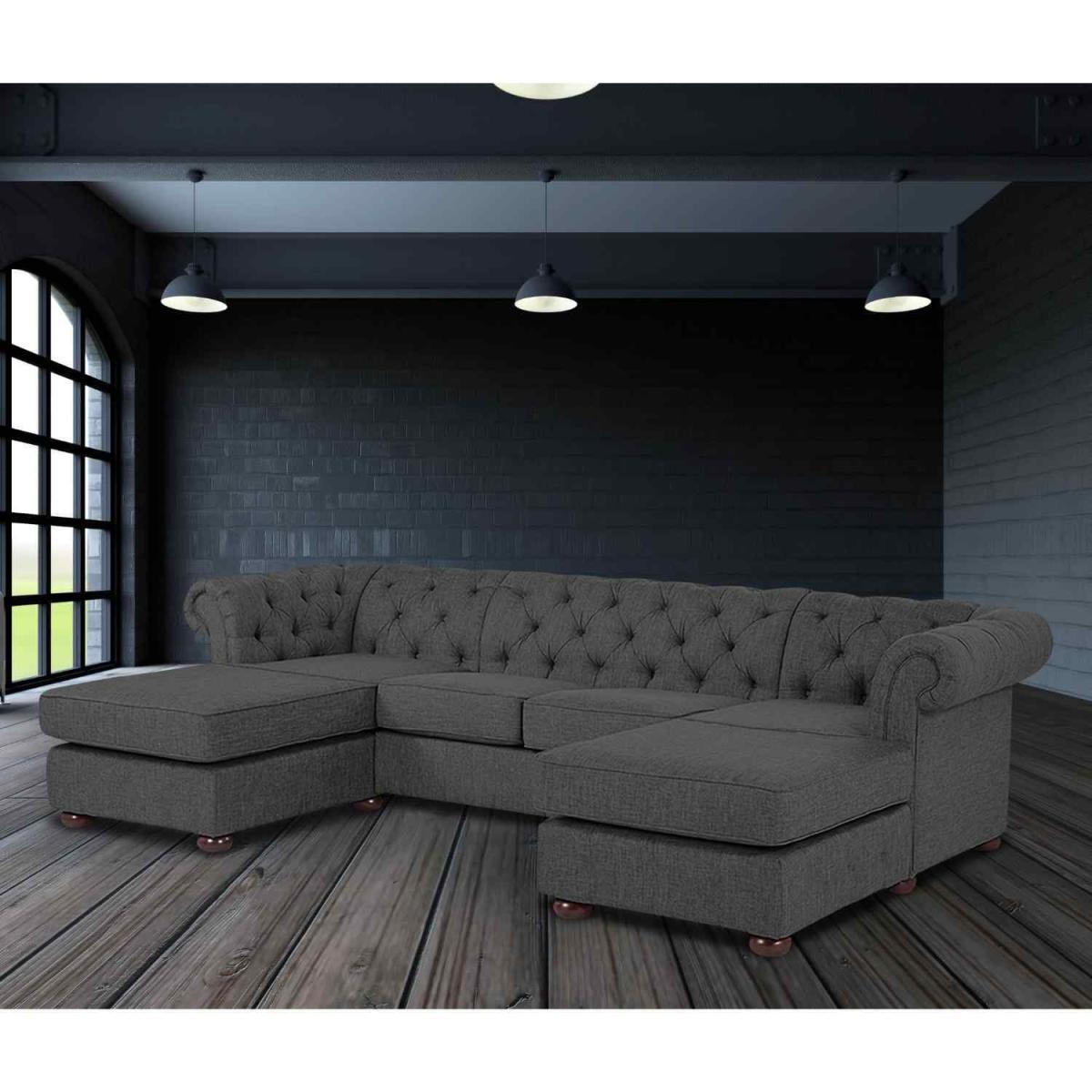 Lenoso Chesterfield U Shape Sofa with 2 Footstools in Plush Velvet Fabric - Bronze – image 7