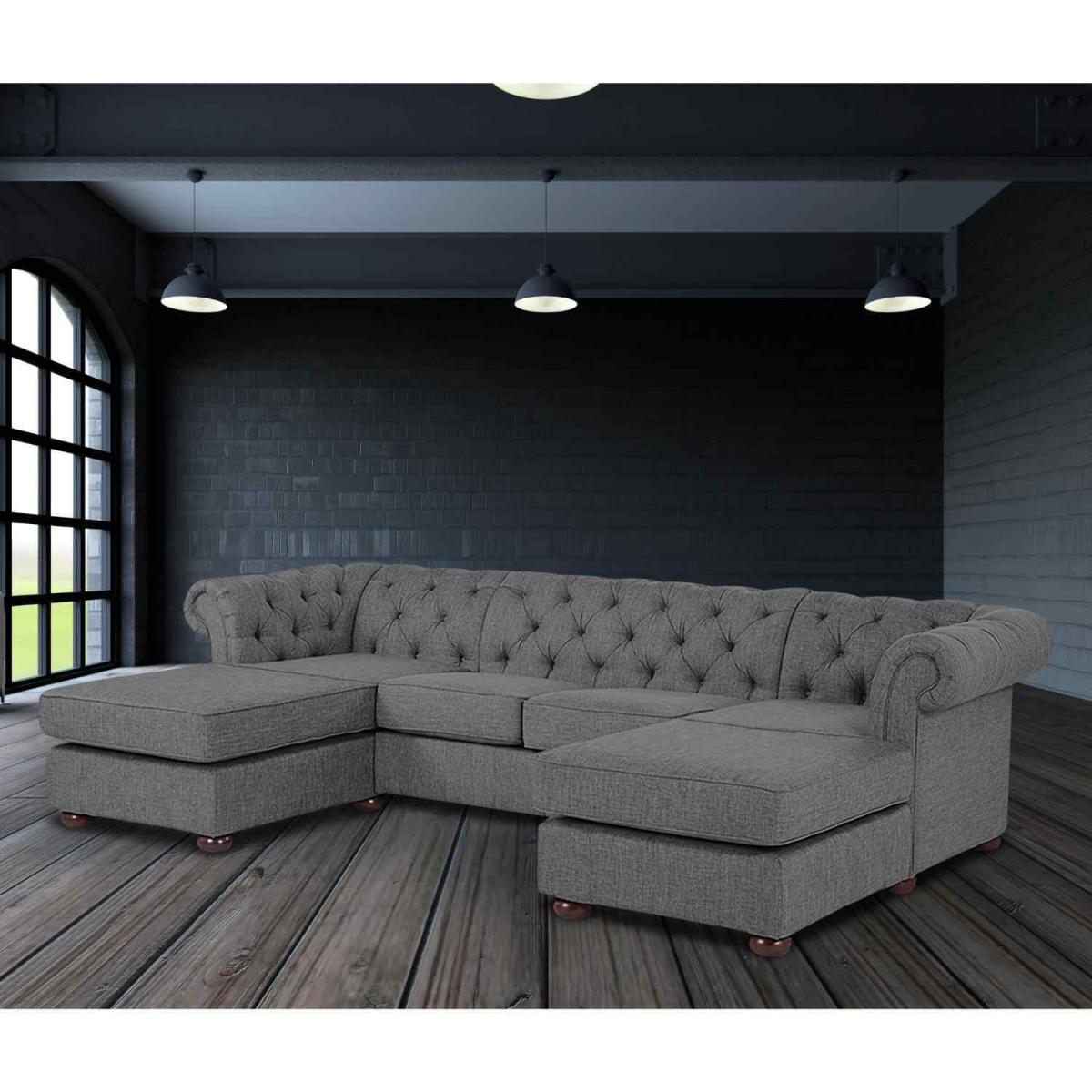 Lenoso Chesterfield U Shape Sofa with 2 Footstools in Plush Velvet Fabric - Bronze – image 9