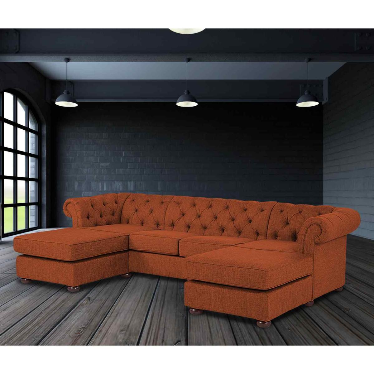 Lenoso Chesterfield U Shape Sofa with 2 Footstools in Plush Velvet Fabric - Bronze – image 10