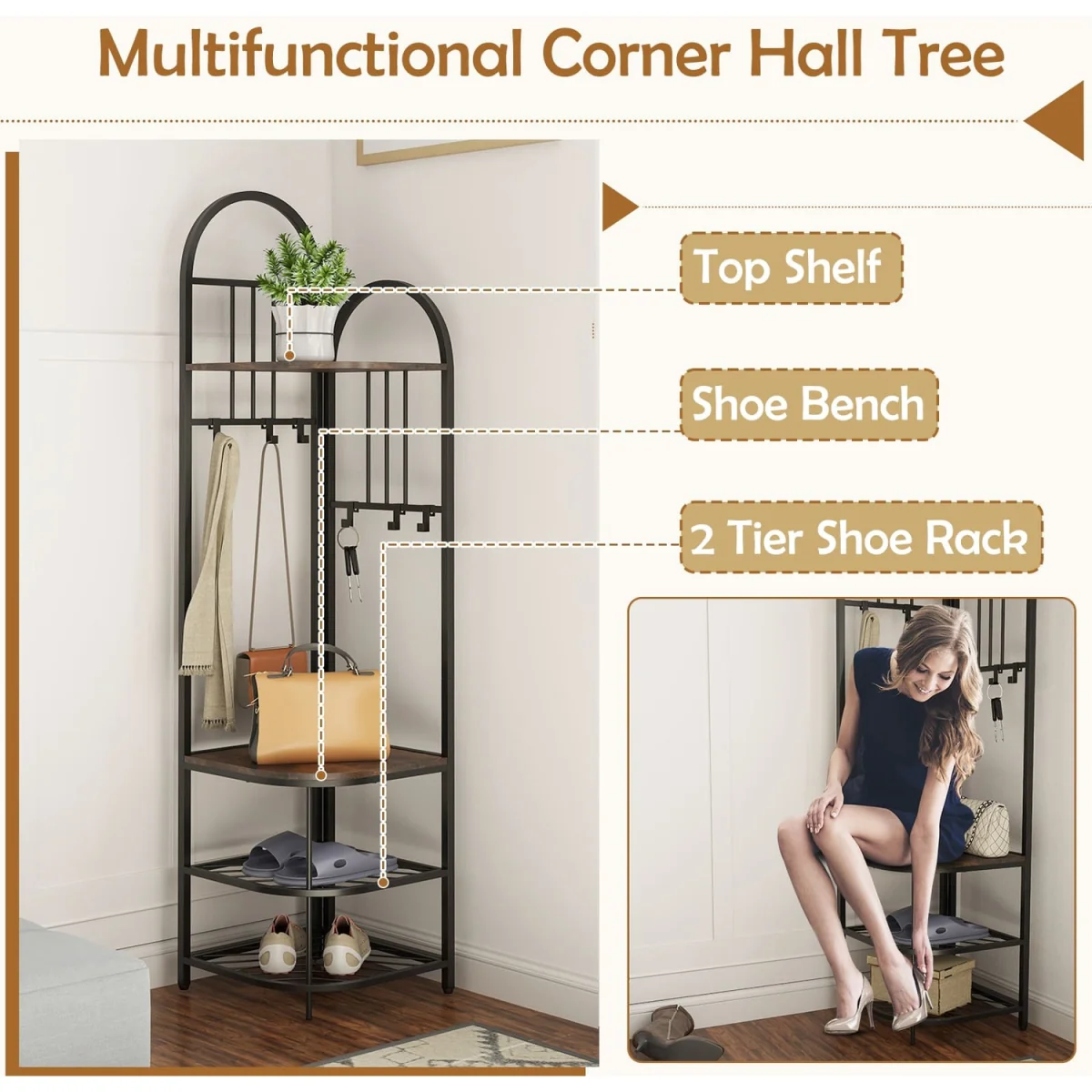 Freestanding Tall Entryway Clothes Rack - Brown – image 6