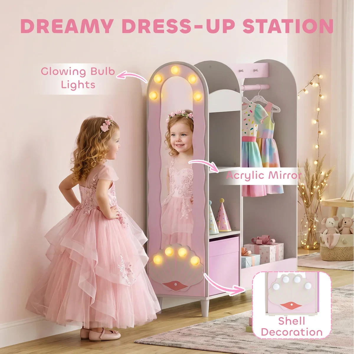 AIYAPLAY Kids Clothing Rack with Lights Mirror 316 036V80PK - Pink – image 6
