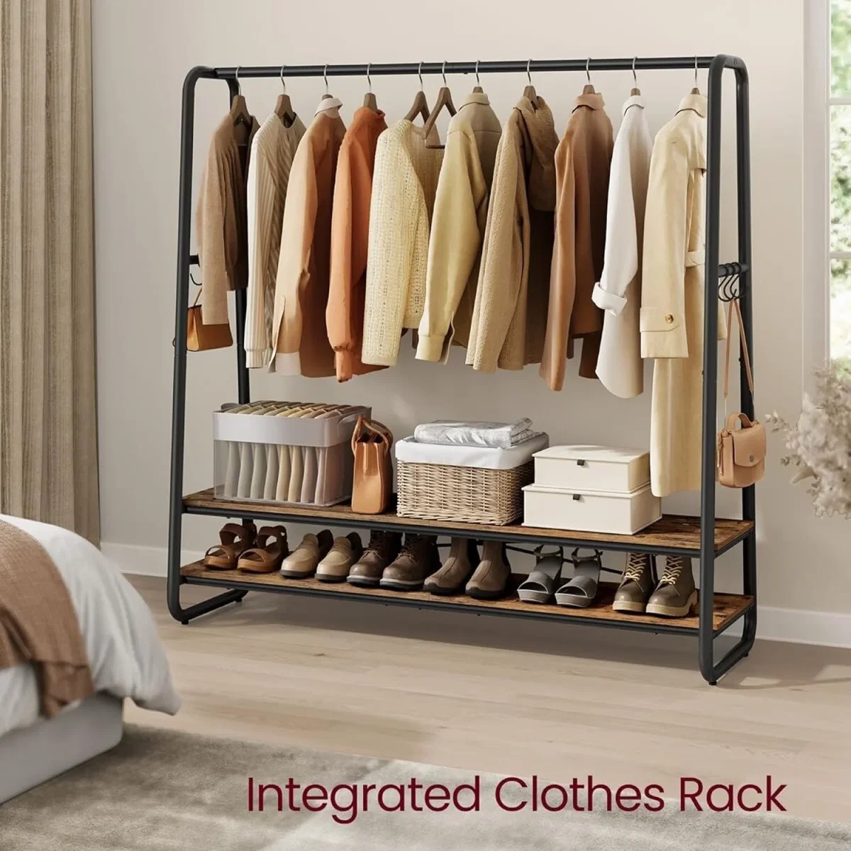 Garment Clothing Rack with Shelves and Hooks, Multi-Function Wardrobe Storage Unit - Rustic Brown and Black – image 2