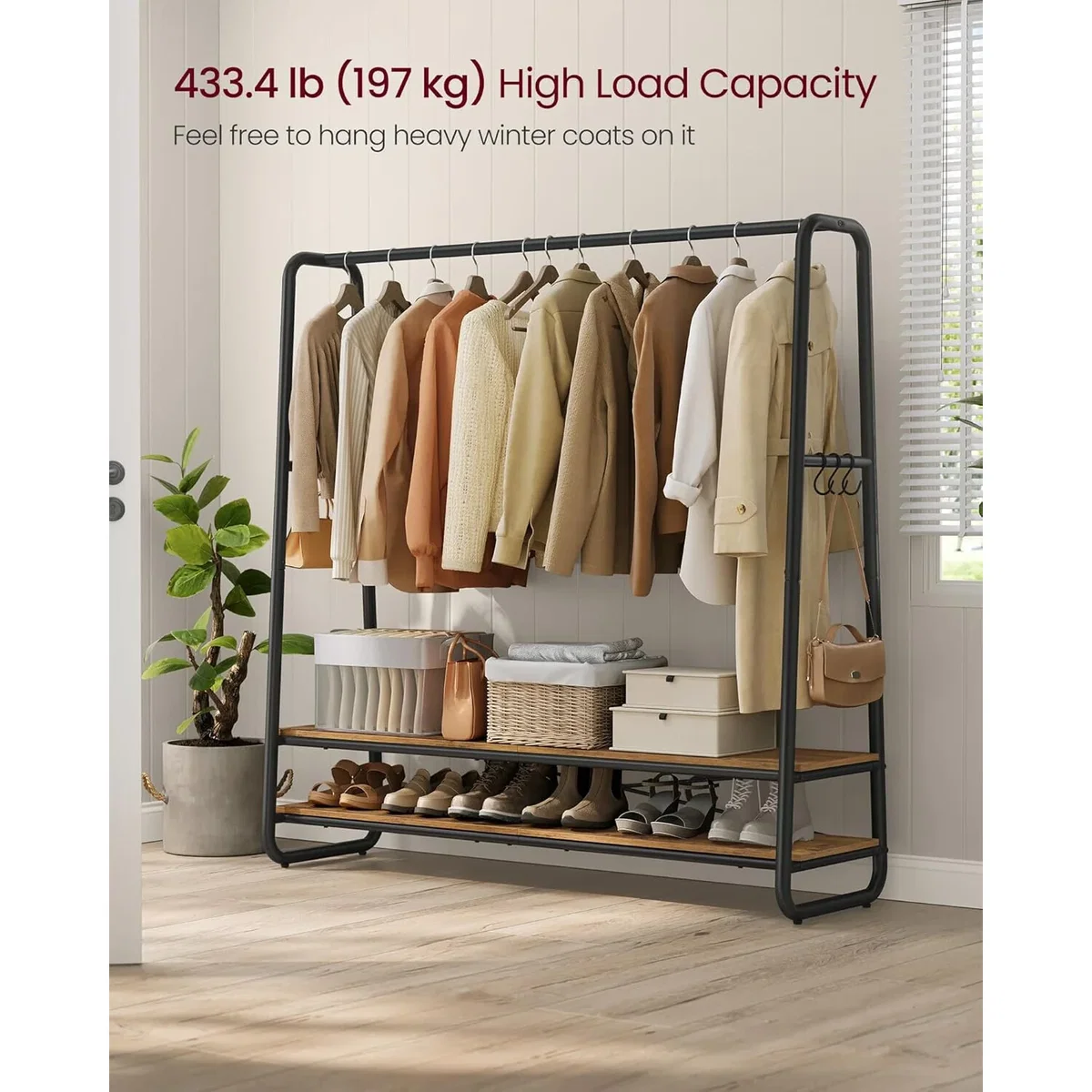 Garment Clothing Rack with Shelves and Hooks, Multi-Function Wardrobe Storage Unit - Rustic Brown and Black – image 3