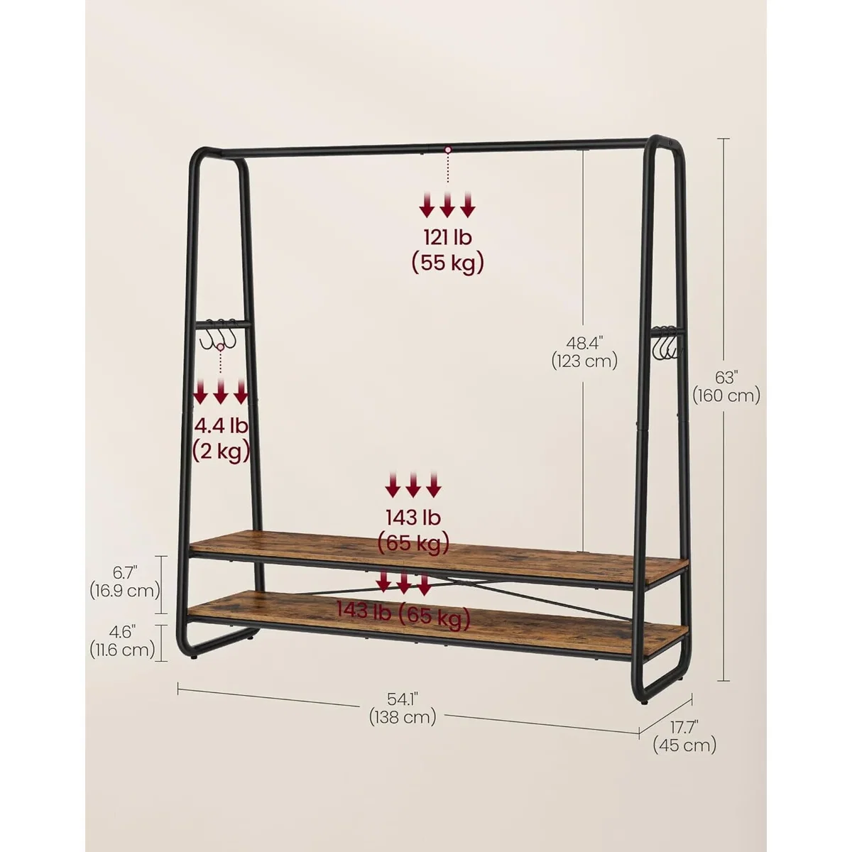 Garment Clothing Rack with Shelves and Hooks, Multi-Function Wardrobe Storage Unit - Rustic Brown and Black – image 4