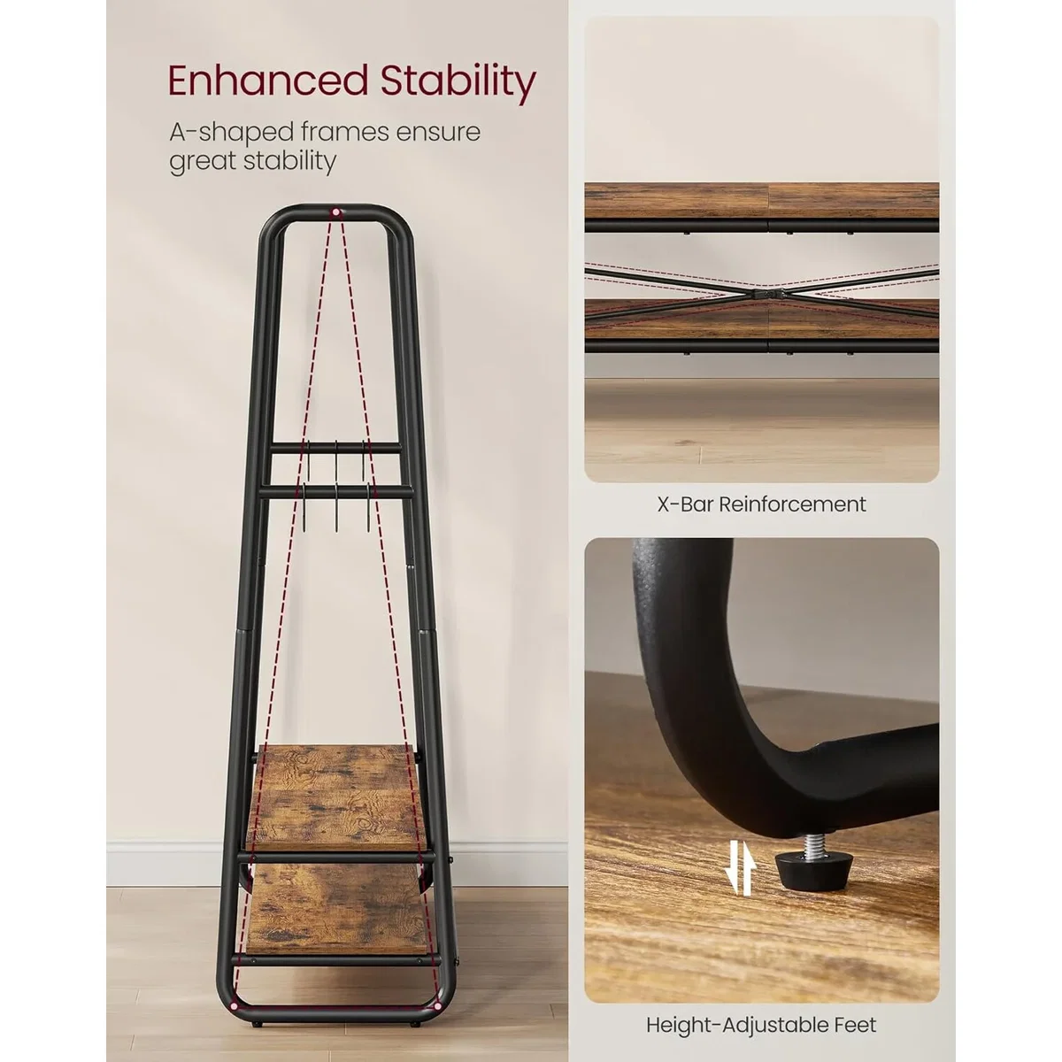 Garment Clothing Rack with Shelves and Hooks, Multi-Function Wardrobe Storage Unit - Rustic Brown and Black – image 5