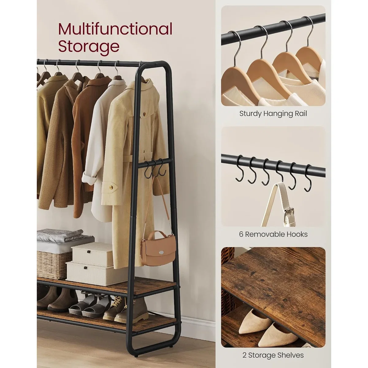 Garment Clothing Rack with Shelves and Hooks, Multi-Function Wardrobe Storage Unit - Rustic Brown and Black – image 6