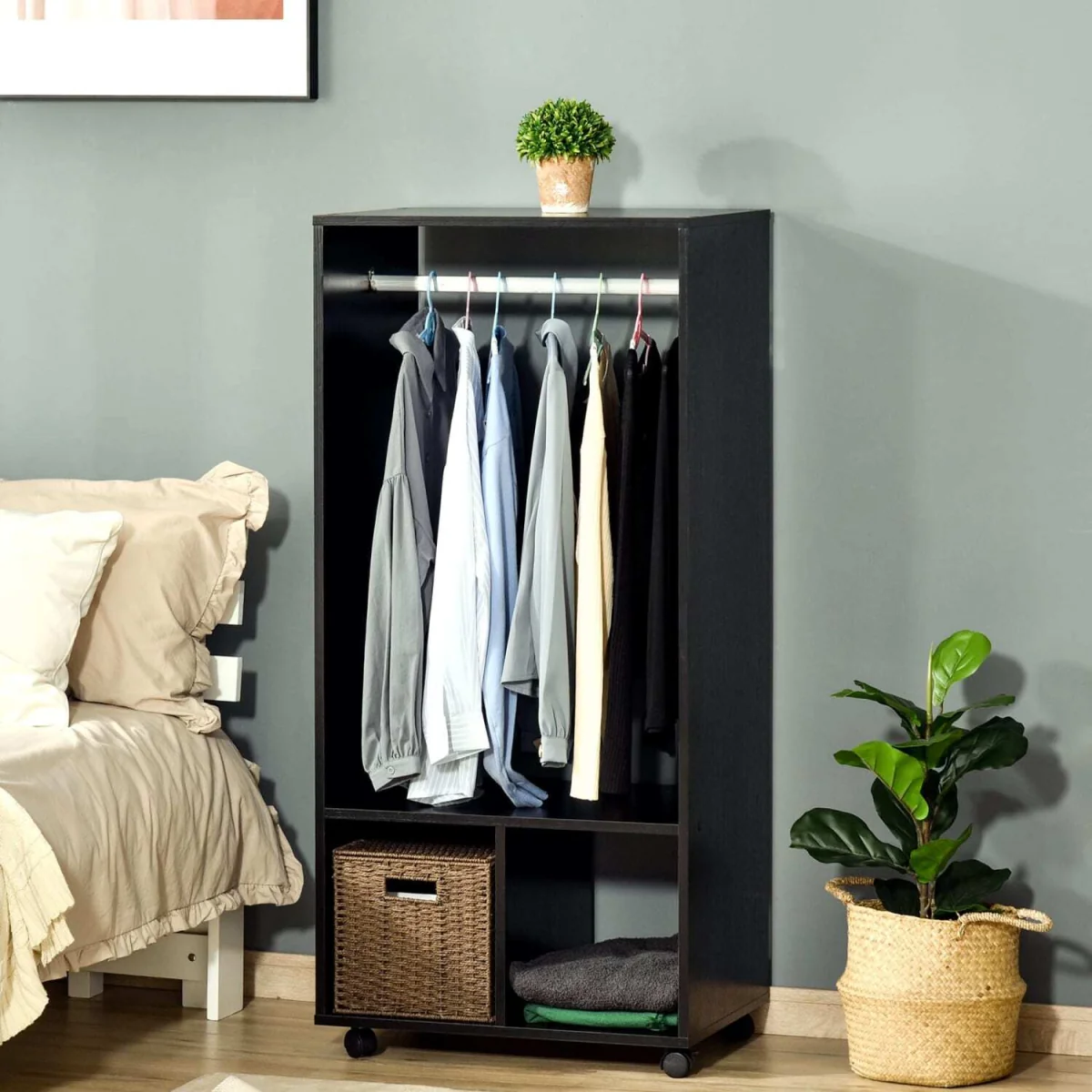 Beladell Small Black Open Wardrobe on Lockable Wheels with Hanging Rail and 2 Shelves – image 4