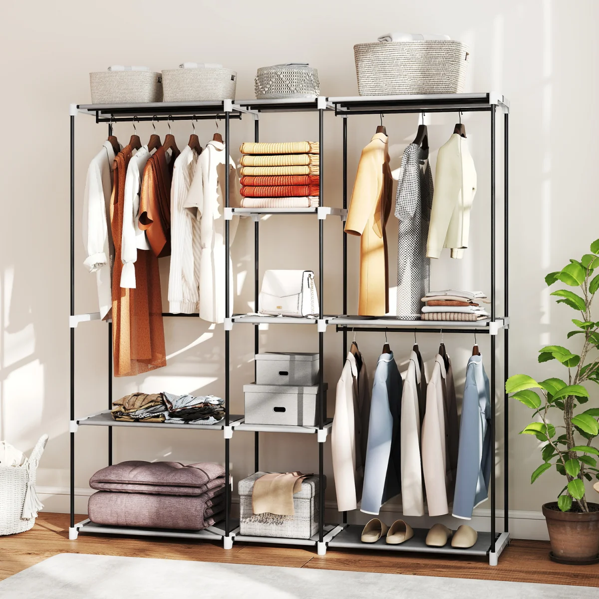 HOMCOM Open Portable Wardrobe Clothes Rack with 8 Shelves - Light Grey – image 2