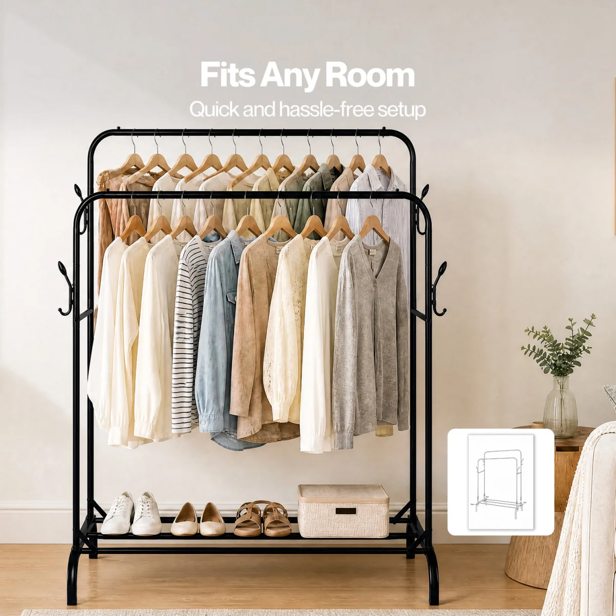 Clothes Rail Heavy Duty 2 Rods Carbon Steel Rack Shelf Bedroom Black - Black – image 2