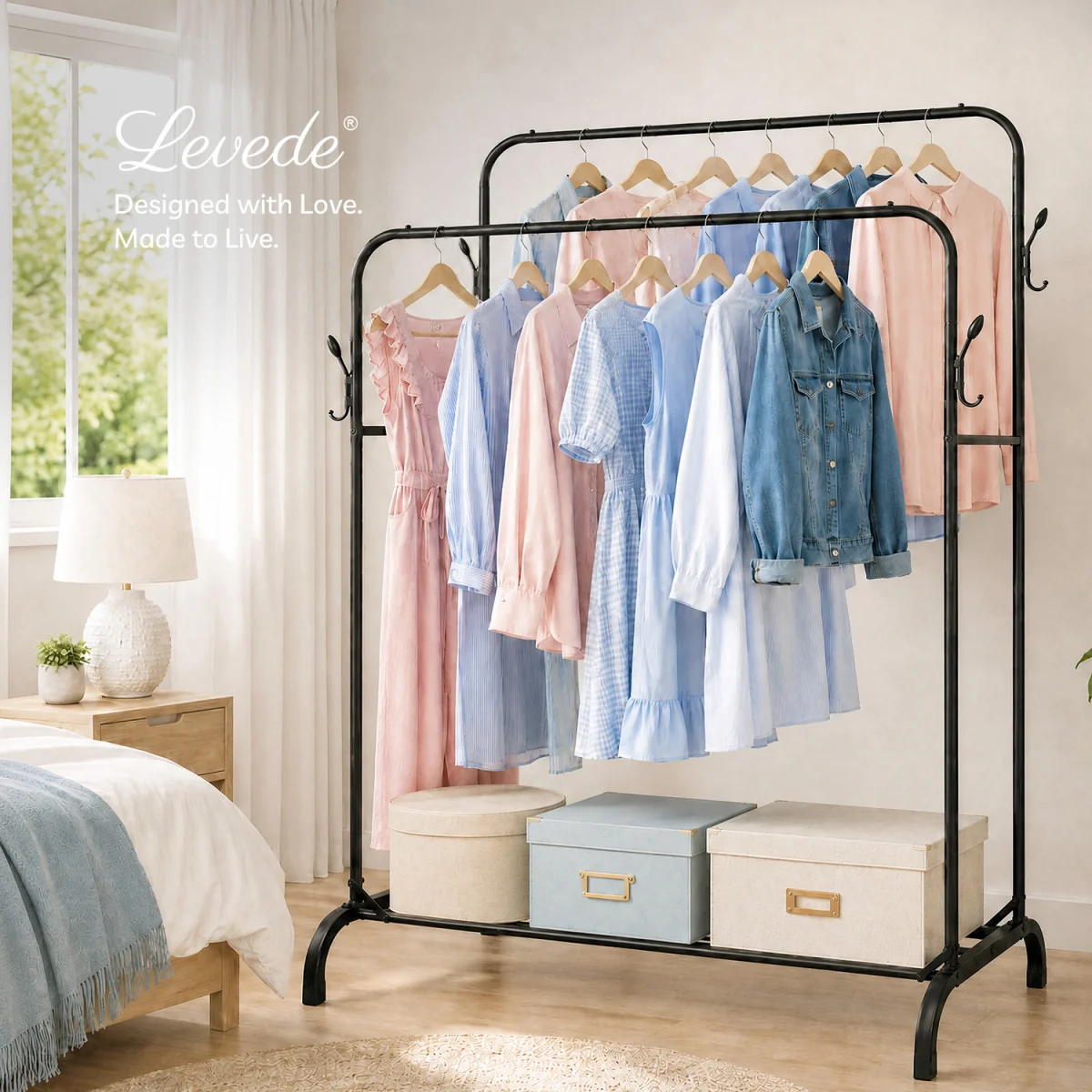 Clothes Rail Heavy Duty 2 Rods Carbon Steel Rack Shelf Bedroom Black - Black – image 3