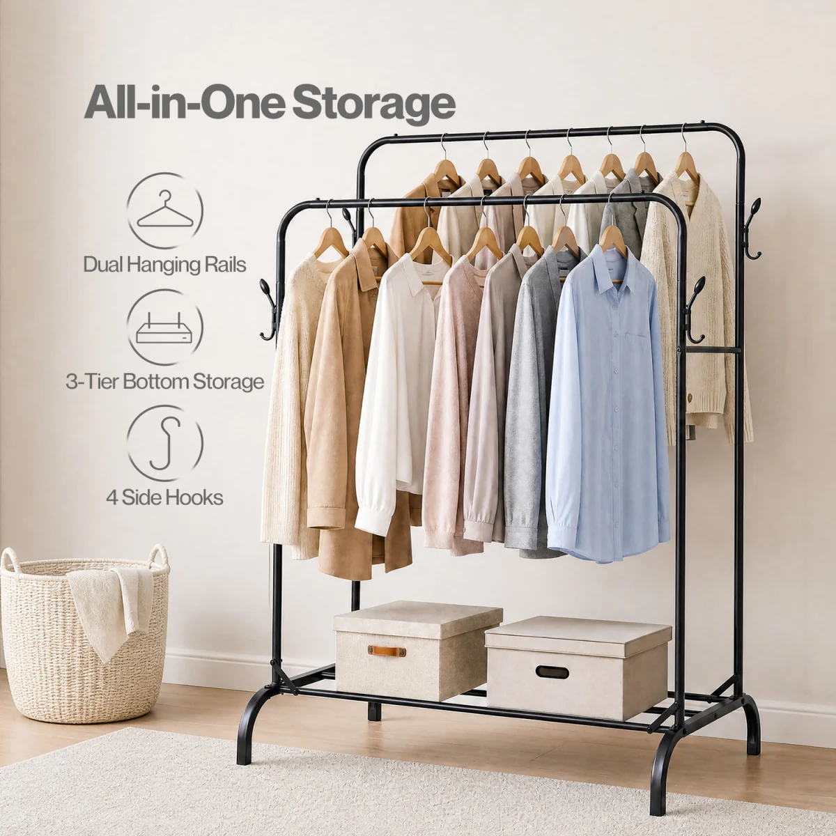 Clothes Rail Heavy Duty 2 Rods Carbon Steel Rack Shelf Bedroom Black - Black – image 4