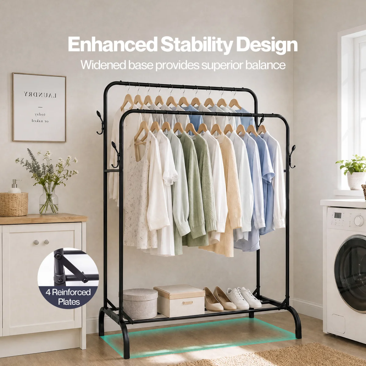 Clothes Rail Heavy Duty 2 Rods Carbon Steel Rack Shelf Bedroom Black - Black – image 5