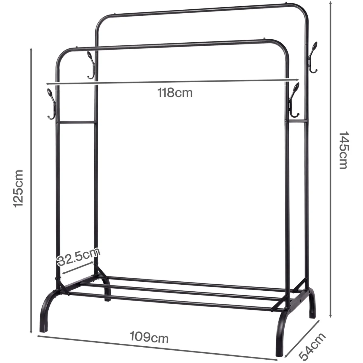 Clothes Rail Heavy Duty 2 Rods Carbon Steel Rack Shelf Bedroom Black - Black – image 7