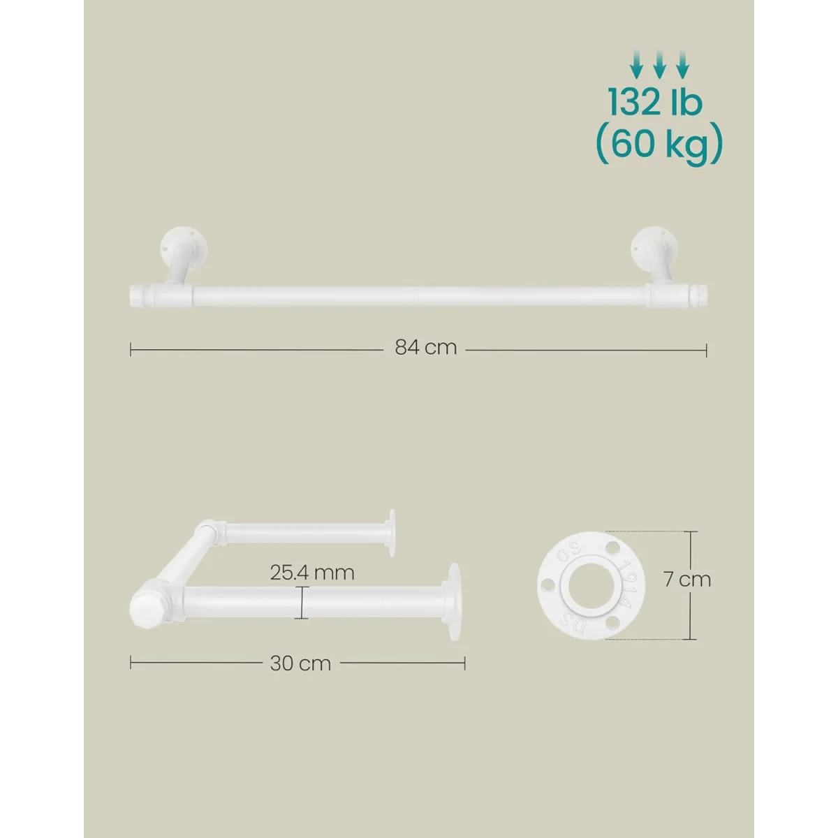 Set of 2 Wall-Mounted Industrial Clothes Rails, Space-Saving Pipe-Style Hanging Storage System - Cloud White – image 2