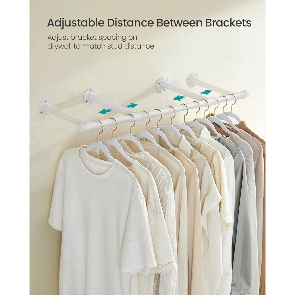 Set of 2 Wall-Mounted Industrial Clothes Rails, Space-Saving Pipe-Style Hanging Storage System - Cloud White – image 5