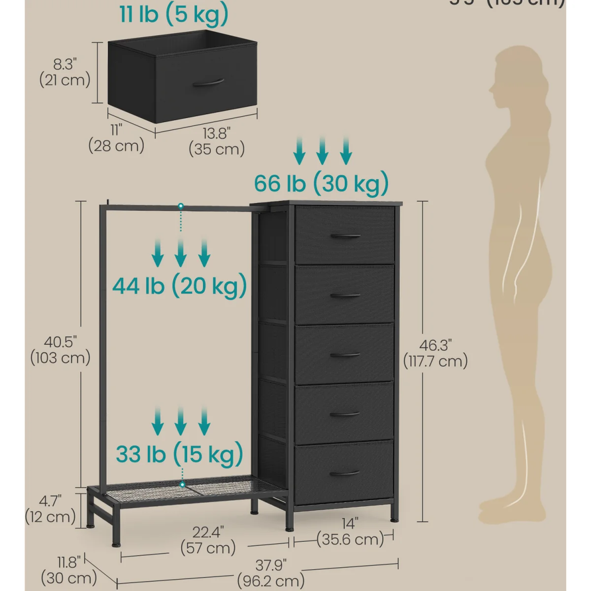 reestanding Clothes Rack with 5 Fabric Drawers and Hanging Rail - Black – image 4