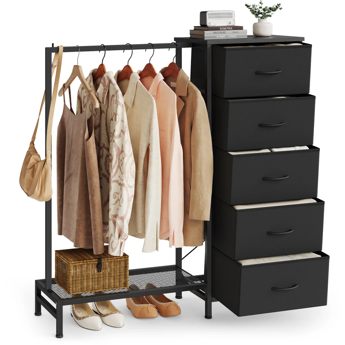 reestanding Clothes Rack with 5 Fabric Drawers and Hanging Rail - Black – image 5