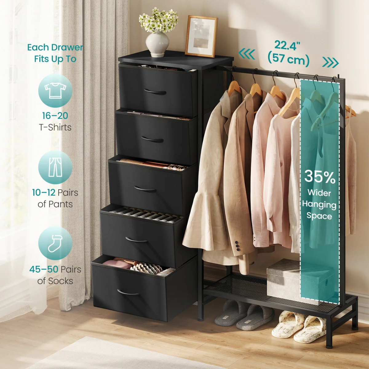 reestanding Clothes Rack with 5 Fabric Drawers and Hanging Rail - Black – image 6