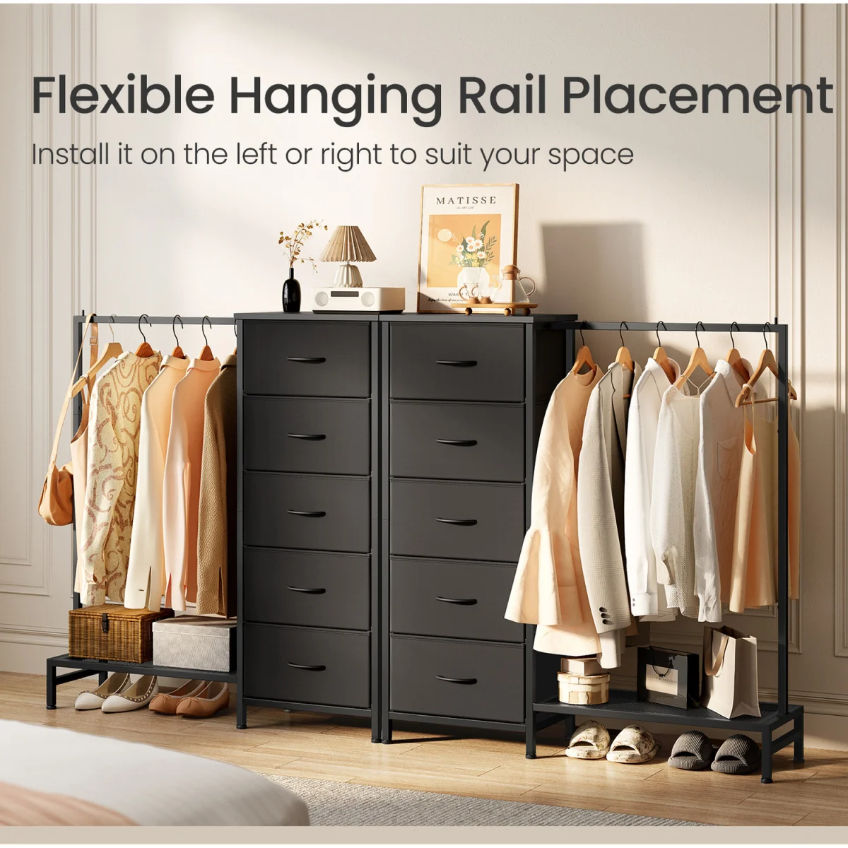 reestanding Clothes Rack with 5 Fabric Drawers and Hanging Rail - Black – image 7