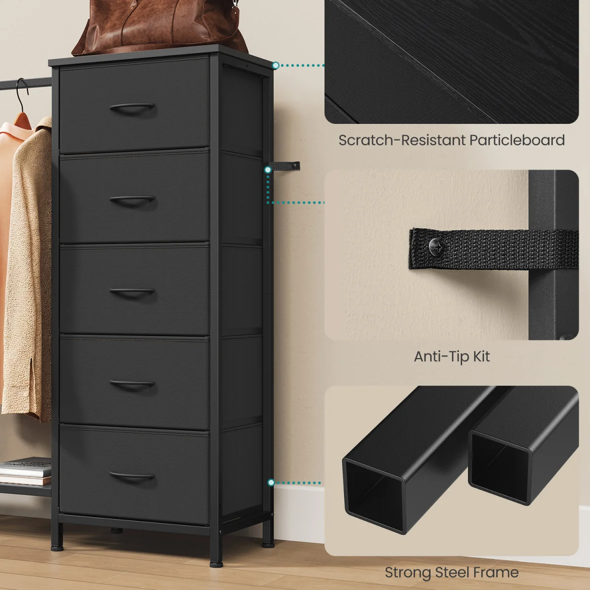 reestanding Clothes Rack with 5 Fabric Drawers and Hanging Rail - Black – image 8