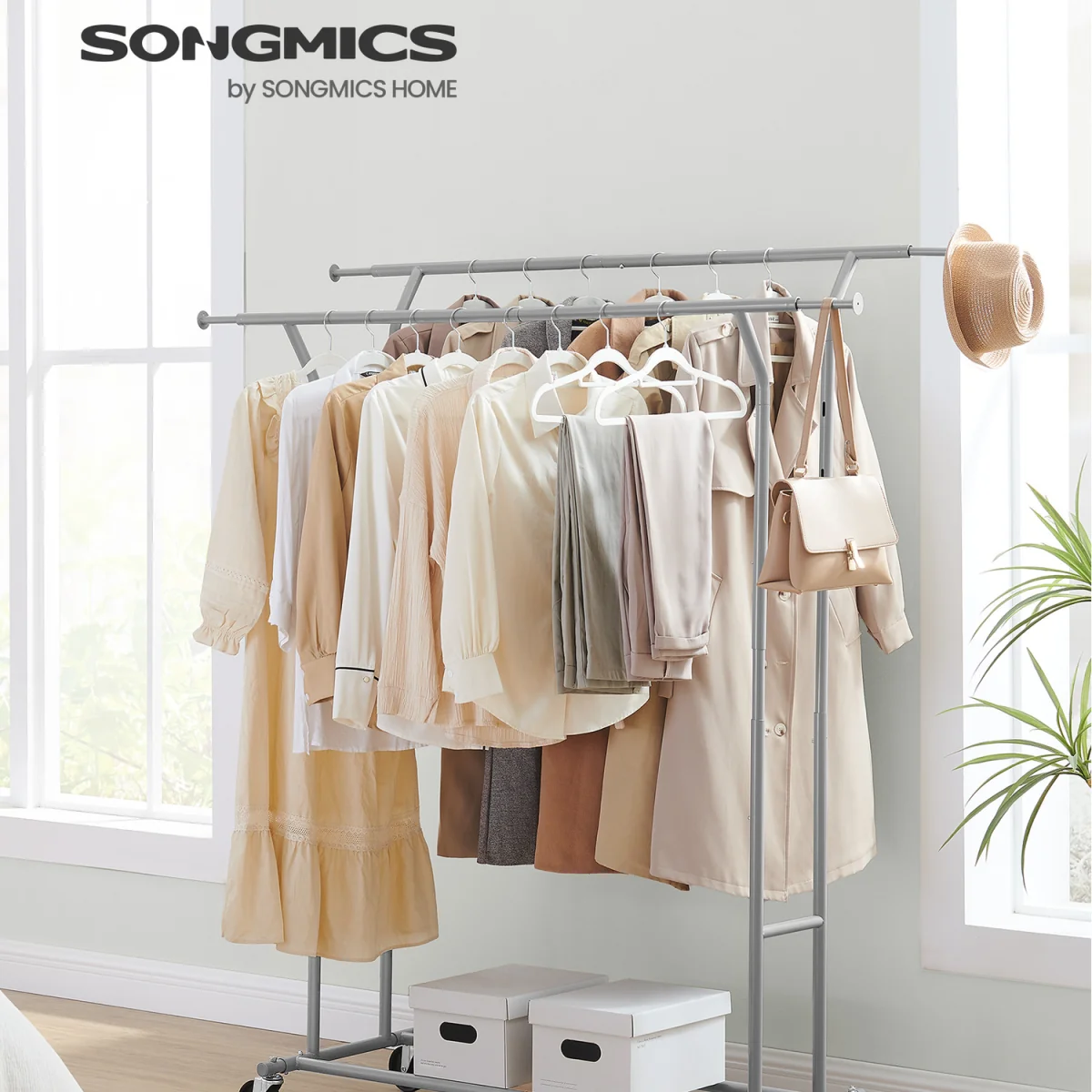Clothes Rail, Extendable Double Garment Rack on Wheels - Grey – image 2